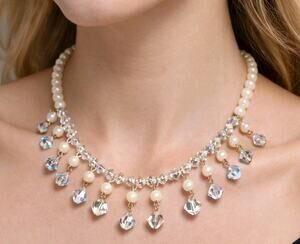 Crystal & Faux Pearl Bib Necklace Vintage 15" Adjustabe Wedding wh04-32